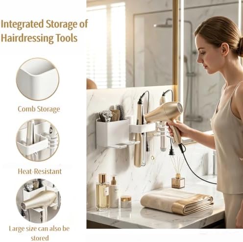4-in-1 Hair Tool Organizer, Wall Mount Hair Dryer Holder, White - Image 2