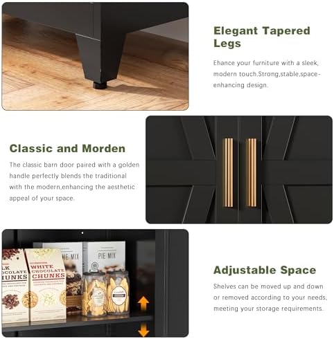 COFaR Black Farmhouse Storage Kitchen Pantry Cabinet with 2 Barn Door, 3 Adjustable Shelves and Legs, for Cupboard/Dining Room/Bathroom/Living Room/Office/Laundry Room (Black, 61" Farmhouse) - Image 4