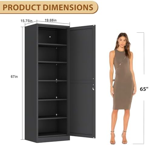 Tall Metal Narrow Bathroom Storage Locker Cabinet 67" H, Black Kitchen Pantry Cabinets,File Cabinet Organizer with 5 Adjustable Shelves and Lockable Doors for Kitchen Home Office Living Dining Room - Image 2