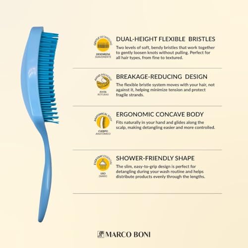 Marco Boni Free Flex Detangling Hair Brush, Flexible Hairbrush for Wet & Dry Hair, Pain-Free Detangler, Ergonomic Handle, All Hair Types, Paradise Blue - Image 3