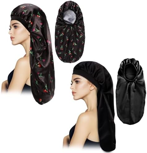 2Pcs Long Satin Bonnet Sleep Cap for Women, Black+Green Pattern - Image 3