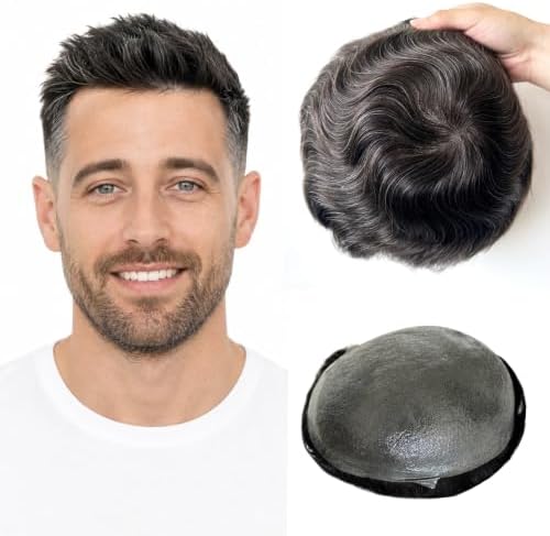 Grey Mens Toupee Human Hair 0.03mm Thin Skin Hairpiece for Men #1B20 by Symor