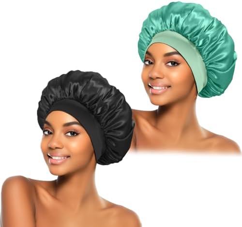 ZHENSILK 2Pcs Silk Bonnet for Sleeping, Satin Hair Bonnets, Soft Elastic Band Silk Sleep Cap, Hair Wrap for Women (Black Green) by ZHENSILKFocusonhaircare