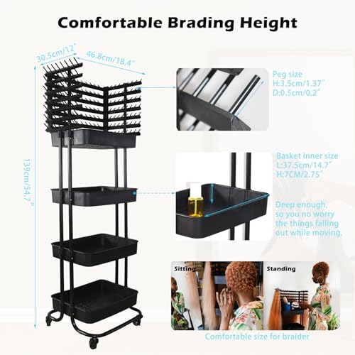 Braiding Hair Rack with 196 Pegs, Hair Extension Holder with 4 Tiers Storage Cart, Classical Black Braiding Rack Stand for Hair Braider, Sturdy Hair Rack for Salon, Home, Braiding School - Image 6