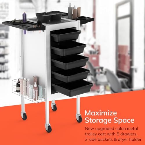 TASALON Upgraded Lockable 5-Tray Salon Cart with 2 Holders & Baskets, White - Image 6