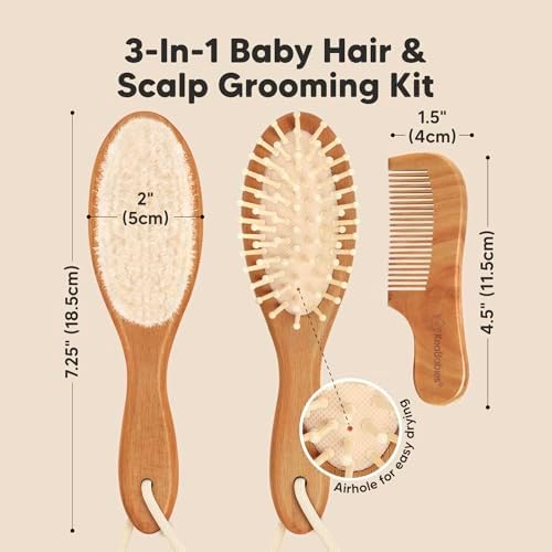Wooden Baby Hair Brush Set for Newborns, Toddler Comb (Golden Oak, Regular) - Image 2