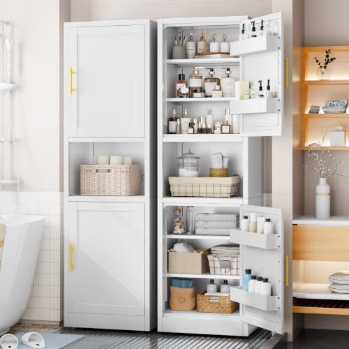 Tall Metal Narrow Storage Cabinet 67" H with 4 Adjustable Shelves and 2 Doors, White Pantry Cabinets with 4 Door Storage Compartment,Tall Bathroom Cabinet for Kitchen, Home Office, Living Dining Room - Image 3
