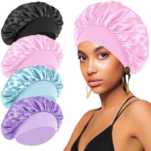4PCS Satin Hair Bonnet for Sleeping,Bonnets for Black Women Men,Silk Bonnet for Sleeping,Hair Wrap Cap for Curly Hair,Elastic Wide Band Hair Bonnet Shower Cap (Black & Blue & Pink & Purple) by FIRSTPELLA