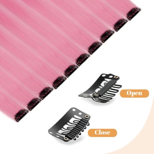 Pink Colored Clip in Hair Extensions, Synthetic Hair for Girls - Image 5