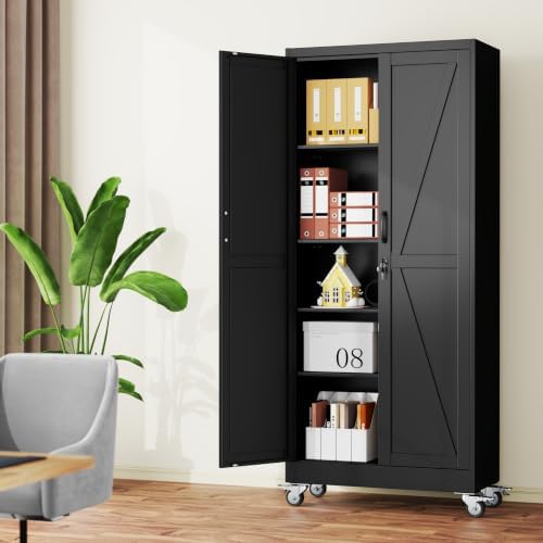 71" Metal Garage Storage Locker Cabinet with Wheels,Rolling Black Lockable Tool Cabinet with 2 Doors and 4 Adjustable Shelves, Steel Office File Cabinet for Home Office Warehouse Gym - Image 2