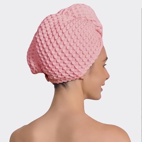 Luxury Organic Japanese Cotton Hair Drying Waffle Towel Wrap for Women | Absorbent, Quick-Dry Head Turban for Shower, Sauna, Spa | Extra Large for Long, Curly, Straight Hair With Button (Pink, 1 Pc) - Image 3