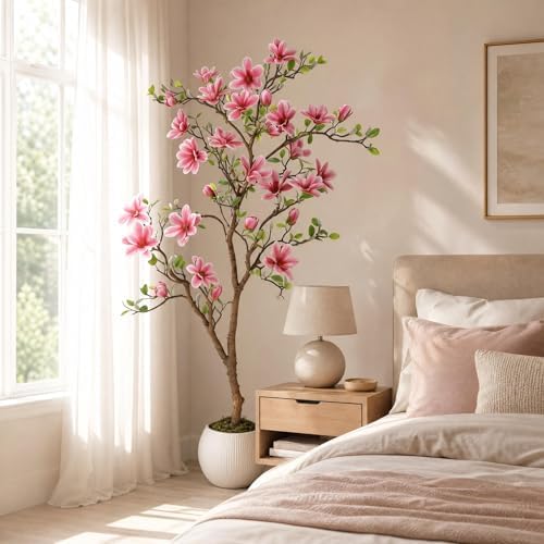 Artificial Magnolia Tree with Soft Pink Blooms, 6FT, Lifelike Faux Magnolia Tree in Pot, Silk Artificial Flowering Tree for Indoor Home Decor, Living Room, Office, Bedroom, Entryway - Image 6