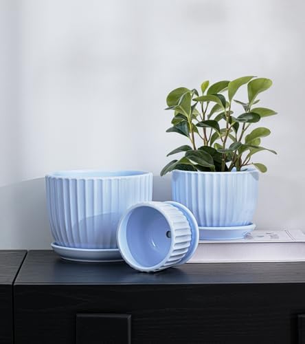 Flower Pots，Ceramic Pots with Drainage Holes & Saucers Set of 3(Sky Blue) - Image 7
