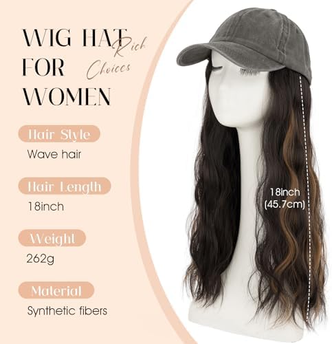 Rich Choices Hat Wigs for Women,Dark Gray Baseball Cap with Hair Extensions for Women,Caps with Wavy Curly Long Hair Attached Adjustable Baseball Cap Wig 18 Inch Highlighted Dark Brown Hair - Image 2