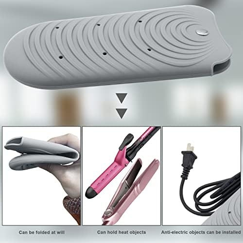 Heat Insulating Silicone Mat Pouch for Hair Styling Tools, Curling & Flat Irons Anti-Slip Travel Cover, Small Portable Straightener Pad for Curler Wands Storage, Hot Waver (Grey) - Image 5