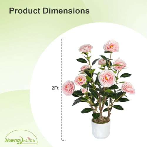 2 Pack Artificial Camellia Tree with White Pot, 24" Faux Potted Plants for Indoor Outdoor Decor, Tall Silk Greenery Plant for Home Office Living Room Balcony, Pink - Image 3