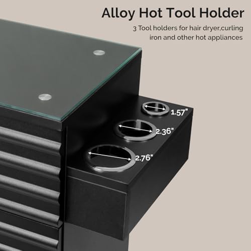 OmySalon Salon Stations for Hair Stylist, Barber Station with Glass Top & Drawers & Hot Tool Holder, Salon Storage Cabinet Hair Organizer Equipment for Beauty Spa, Black - Image 6