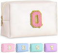 TOPEAST Initial Makeup Bag for Travel, Chenille Letter Pouch Cosmetic Bag, PU Leather Waterproof Toiletry Bag, Personalized Gifts for Bride Bridesmaids, Cute Things for Girls (Pearly White Q) by TOPEAST