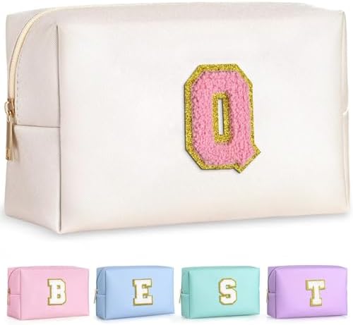 TOPEAST Initial Makeup Bag for Travel, Chenille Letter Pouch Cosmetic Bag, PU Leather Waterproof Toiletry Bag, Personalized Gifts for Bride Bridesmaids, Cute Things for Girls (Pearly White Q) by TOPEAST