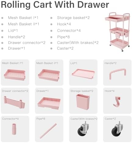 REBECAT 3 Tier Rolling Utility Cart with Drawer,Storage Cart,Rolling Cart for Kitchen,Bathroom,Living Room,Storage Organizer with Iron Wheels（Pink - Image 6