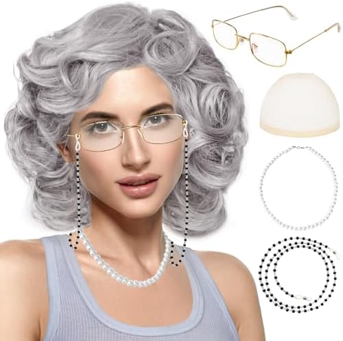 Rrshnsgv 5 Pcs Old Lady Wig and Accessories,Grey Grandma Wigs,Old Lady Wig Costume Set for Halloween Party,Old Woman Cosplay by Rrshnsgv