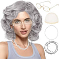 Rrshnsgv 5 Pcs Old Lady Wig and Accessories,Grey Grandma Wigs,Old Lady Wig Costume Set for Halloween Party,Old Woman Cosplay by Rrshnsgv