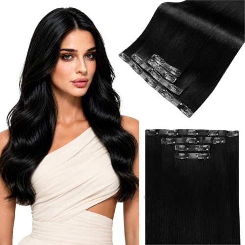 LaaVoo Seamless Clip in Hair Extensions Human Hair Black Seamless Hair Extensions Clip in Black Human Hair Clip on Extension 18Inch 4pcs 90g by LaaVoo