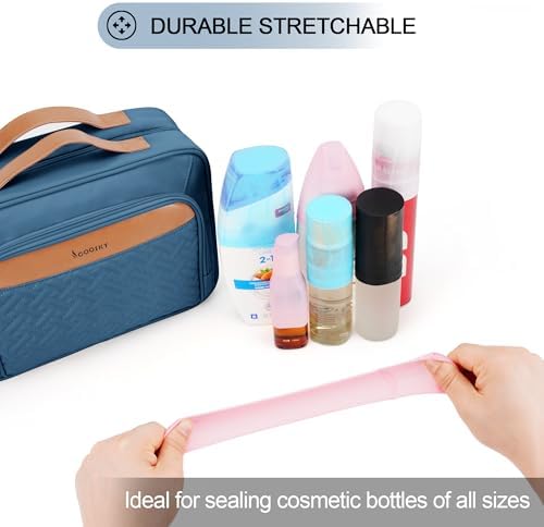 Travel Hanging Toiletry Bag for Women and Men, with 8 Leak Proofing Silicone Bottle Covers, Waterproof Makeup Accessories, Cosmetic Essentials, Toiletries Dopp Kit Set with Jewelry Organizer, Navy - Image 3