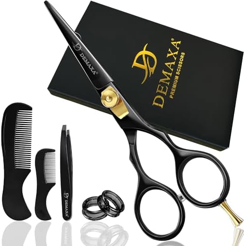 Mustache Scissors Beard Scissors for men with Beard Mustache Comb DEMAXA 5.5" Rust-Free Professionally Sharpened for Precision Trimming with Tweezers, Premium Black Beard Shears moustache scissors men by DEMAXA
