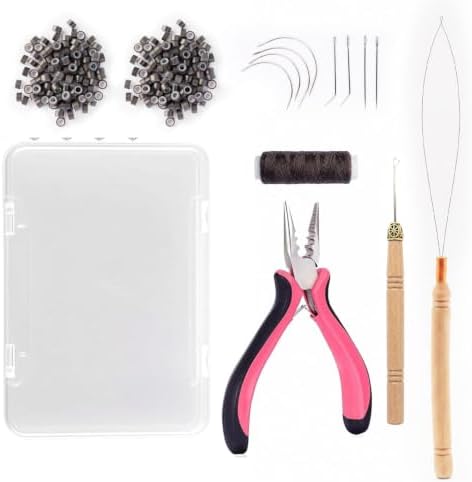 Hair Extension Tools Kit, 200 Silicone Lined Ring Beads, 1 Crochet Hook; 1 Threader, 1 3‑Hole Pliers, 1 Sewing Thread, 8 C/J/I Needles, 1 Storage Box×1–Size: 15cm×9cm by Sala