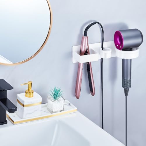 Hair Dryer Holder Wall Mounted Hair Straightener Holder, Blow Dryer Curling Iron Holder Metal, 3 in 1 Bathroom Hair Tools Organizer for Blow Dryer, Flat Irons, Hot Tool Holder (White) - Image 4