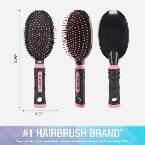 Conair Salon Results Hairbrush - Men and Women - Detangling Hair brush - ideal for curly or straight styles - features wire bristles and cushion Base - Pink/Black - Image 4