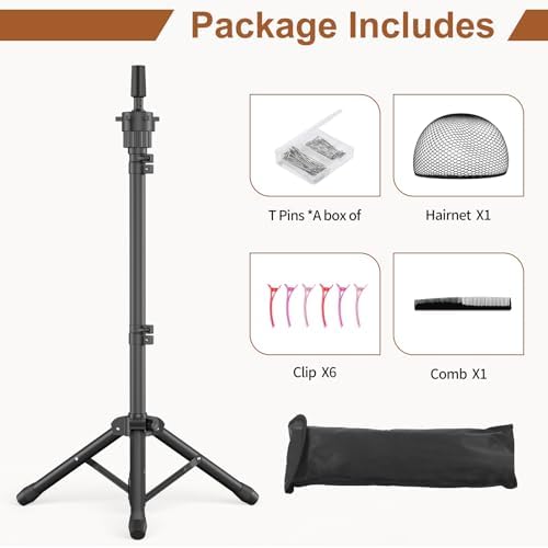Wig Stand Tripod, 50 Inch Adjustable Mannequin Head Stand, Wig Head Stand for Cosmetology, Hairdressing Training - Includes T-Pins, Comb, Hair Clips & Carrying Bag (Head Not Included) - Image 6