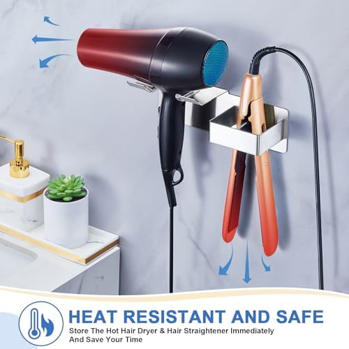 Hair Dryer Holder Wall Mounted, Hair Straightener Holder Metal, Adhesive Blow Dryer and Hair Straightener Holder, Bathroom Bedroom Hair Tool Organizer for Flat Iron,Curling Iron,Hairdryer (Sliver) - Image 4