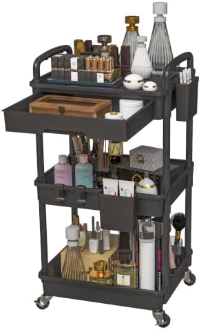 REBECAT 3 Tier Rolling Makeup Cart Cosmetic Display Organizer with Drawer by REBECAT