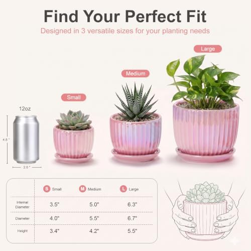 Ceramic Plant Pots 4+5.5+6.7 Inch Indoor Planters with Drainage & Saucers - Image 2