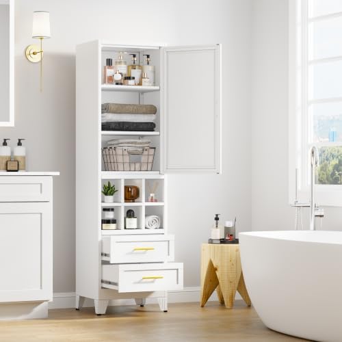Ckzbx Tall Narrow Storage Cabinet, 66.93" H Tall Bathroom Cabinet Metal Pantry Cabinets with Drawers, 3 Adjustable Shelves, for Kitchen, Bathroom, Home Office, Living Room (White) - Image 2