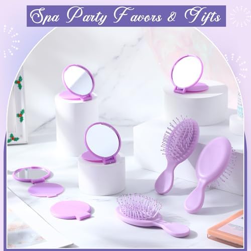 Meanplan 12 Pcs Mini Hair Brush Set Travel Wet Dry Hair Combs Pocket Detangling Compact Folding Makeup Mirrors for Spa Sleepover Birthday Bridal Shower Bachelorette Christmas Party Gift(Purple) - Image 4