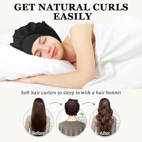 Gwabee No Heat Hair Curlers Overnight Curls Headband - 70" Soft Ribbon Curl Wrap for Long Hair, 9 PCS Curling Rod Set with Bonnet - Black - Image 2