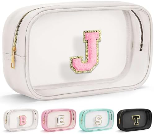 YOOLIFE Initial Make Up Bag Travel Toiletry Bag, Clear Makeup Bag Preppy Cosmetic Bags Organizer Travel Essentials Gifts for Women Teen Girlfriend Teacher Mom Brithday Mothers Day Gifts, Large, White by YOOLIFE
