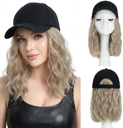 SEGO Baseball Cap with Hair Extensions for Women Heat Resistant Synthetic 8" Adjustable Long Curly Hairpiece Replacement Wigs in Black Hat for Girls 16P613 Ash Blonde Mix Bleach Blonde by SEGO