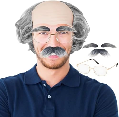 Old Man Bald Cap,Short Grey Bald Cap with Side Hair,Grandpa Wig with Glasses Mustache Eyebrows for Mens Halloween Cosplay Costume by Lshfwn