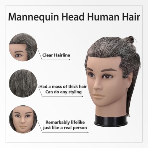 12 Inch Male Barber Mannequin Head, Salt Pepper Ash Gray White 100% Human Hair Training Head with Clamp Stand - Image 4