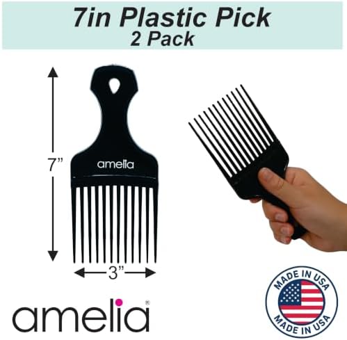 Amelia Beauty, 7in Black Curly Hair Wide Tooth Pick, 2 Pack | Made in USA | Easily Creates Volume, Detangles, Reduces Frizz | Afro Pick Styling Tool, 7"x3" - Image 3