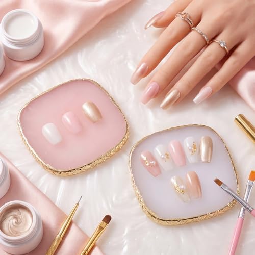 2 Pcs Resin Nail Art Palette, Pink Square Mixing Tray with Gold Edge - Image 4