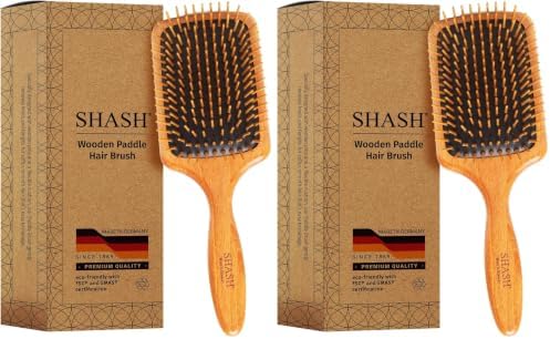 SHASH Since 1869 Made in Germany Wooden Paddle Brush - Gently Detangles, Styles, Conditions Hair with Minimal Frizz and Breakage - Safe for All Hair Types, Wet or Dry - Eco-Sourced Wood (Pack of 2) by SHASH