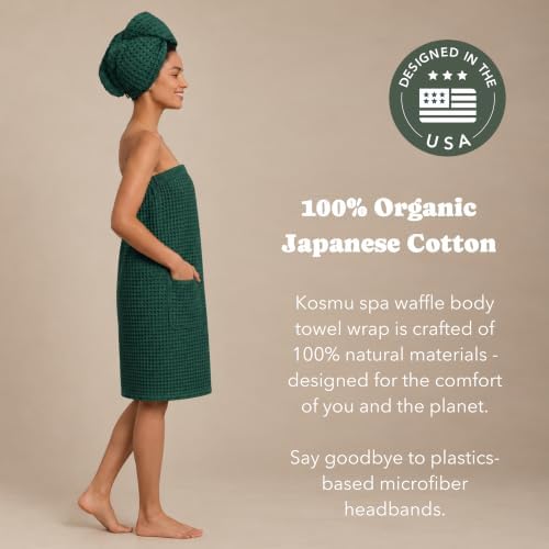 Luxury Organic Japanese Cotton Waffle Body Towel Wrap for Women | Sauna, Spa, Onsen, Shower Towel with Adjustable Snap Closure and Pocket | Ultra Plush 450 GSM (Forest Green, S/M) - Image 3