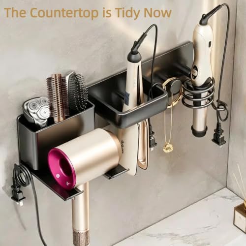 4-in-1 Hair Tool Organizer, Wall Mount Hair Dryer Holder, Black - Image 6