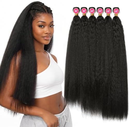 REECHO Yaki Straight Hair Bundles, 6PCS Super Protein Fiber Kinky Straight Quick Weave Bundles 18 20 22 Inch Full Head Synthetic Hair Extensions for Women - Natural Black by REECHO