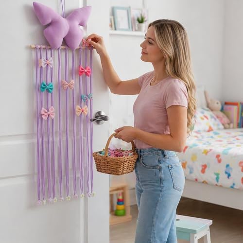Long Bow Holder for Girls Baby Pink Purple Butterfly Hair Clip Organizer - Image 4